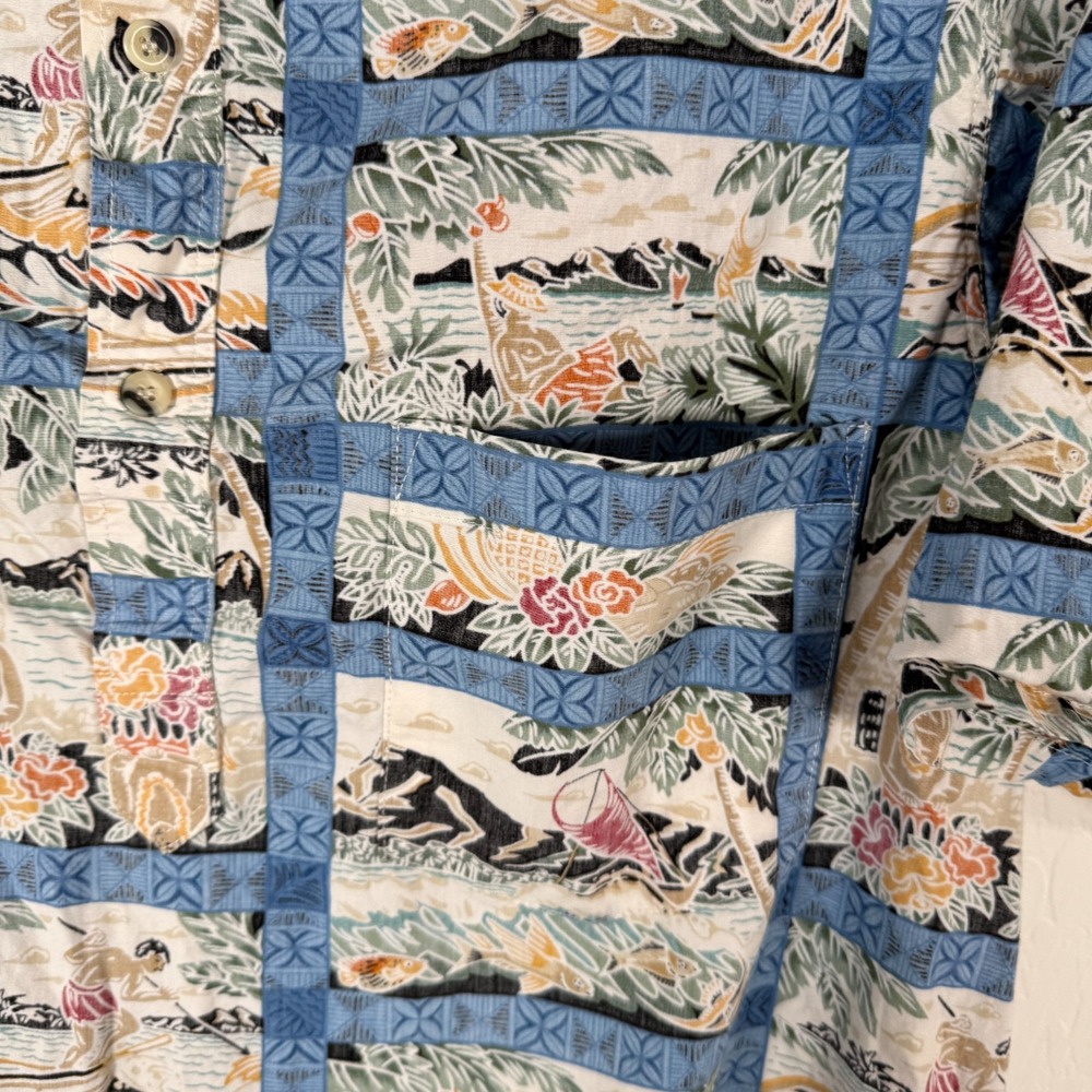 Go Barefoot Shirt Mens Large Blue Hawaiian Popover Camp Island Tropical Tribe - Picture 3 of 8